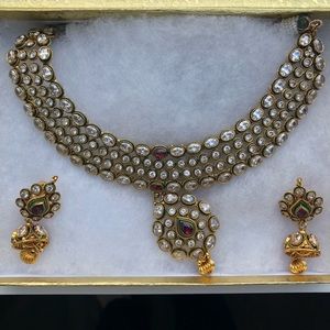 Gold White Stone Necklace and Earring Set